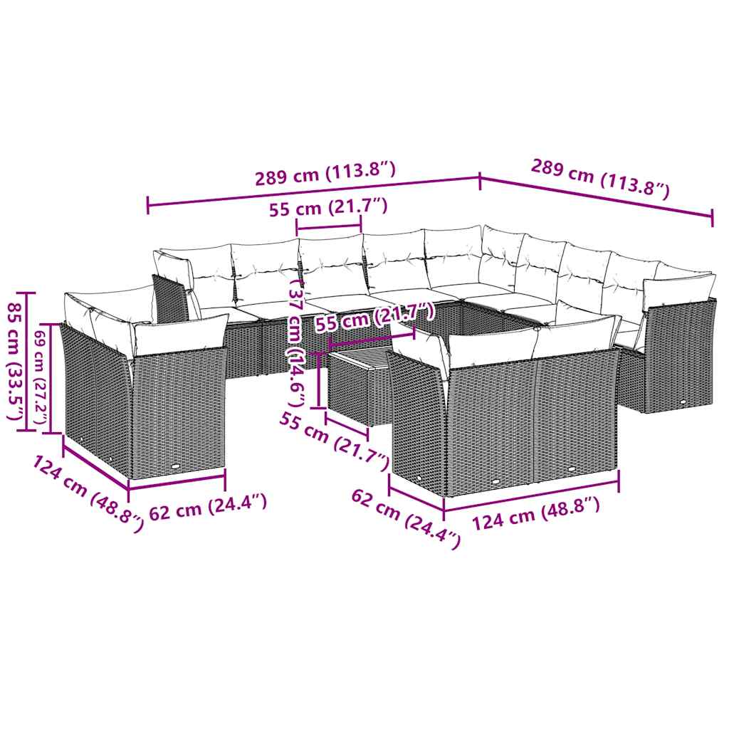 Σαλόνι Κήπου 14 Τεμαχίων Γκρι από Συνθετικό Ρατάν με Μαξιλάρια