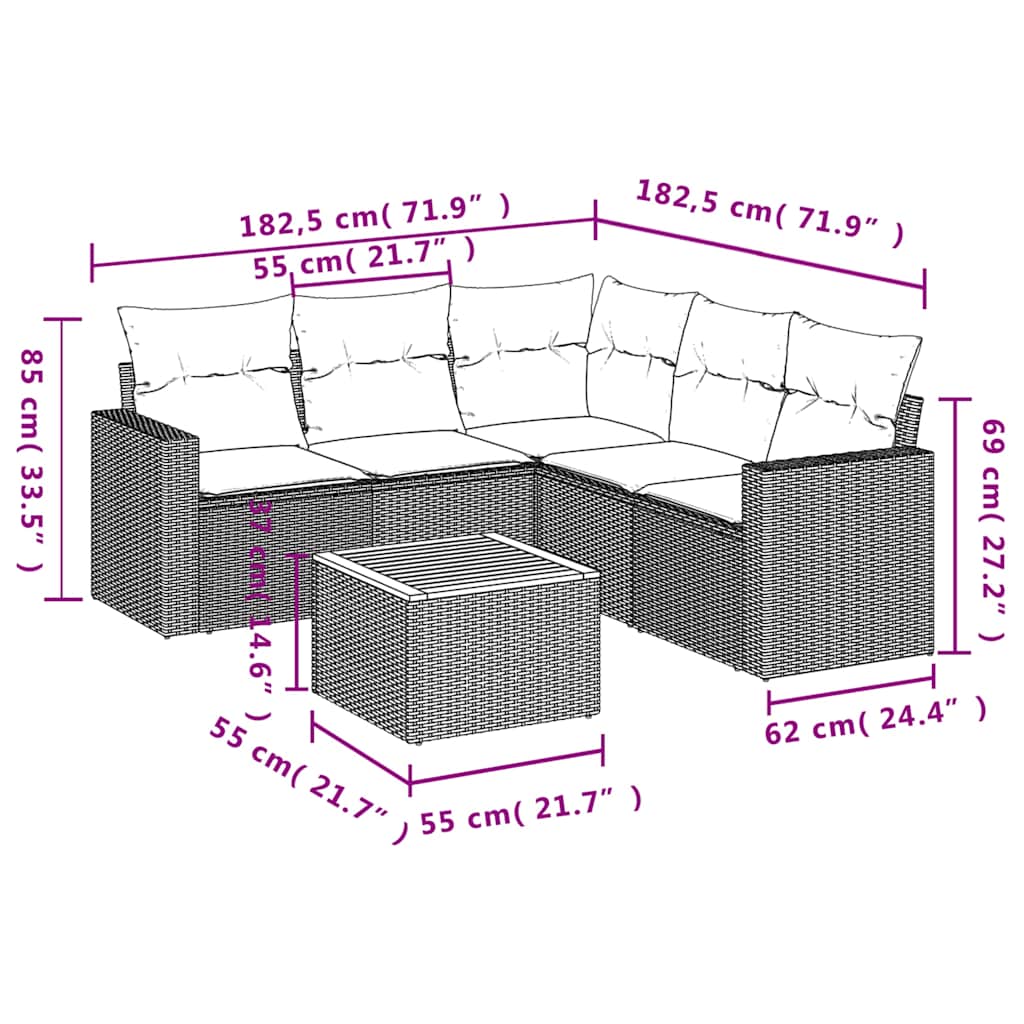 Καναπές Σετ 6 Τεμαχίων Μαύρο Συνθετικό Ρατάν με Μαξιλάρια