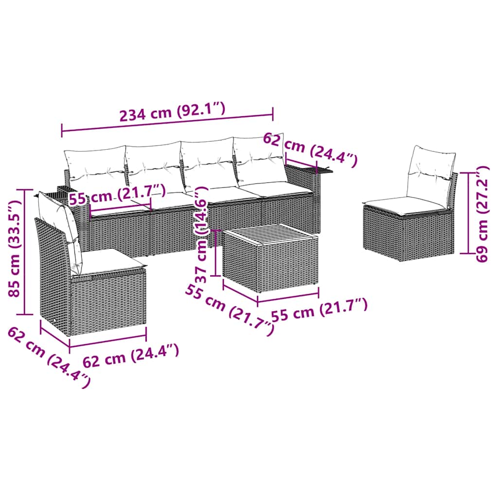 Καναπές Σετ 7 Τεμαχίων Μαύρο Συνθετικό Ρατάν με Μαξιλάρια