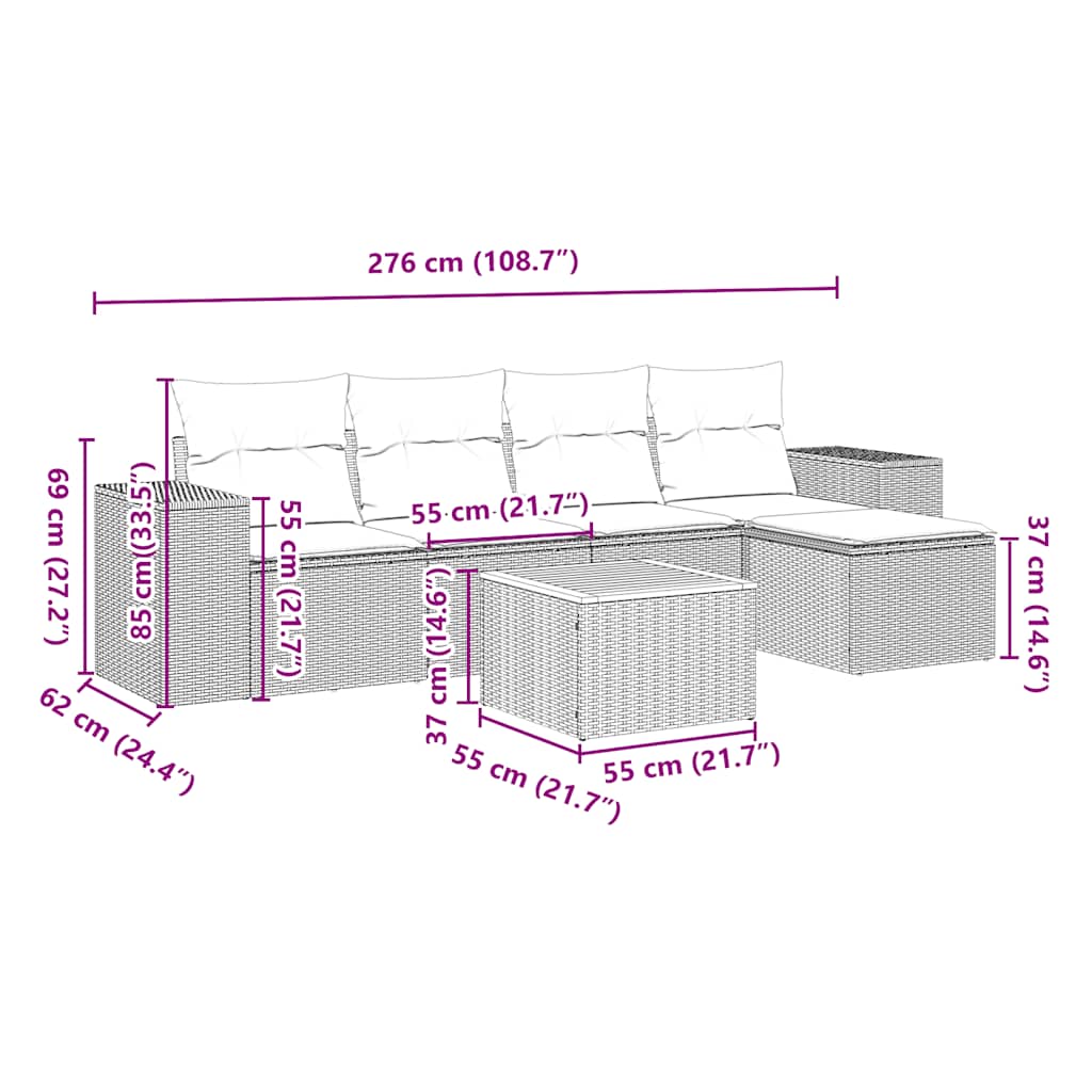 Καναπές Κήπου 6 Τεμαχίων Μαύρο από Συνθετικό Ρατάν με Μαξιλάρια
