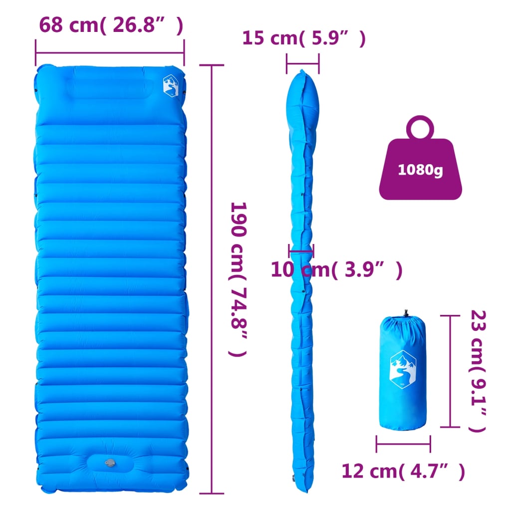 Στρώμα Κάμπινγκ Αυτοφούσκωτο Μονό με Μαξιλάρι Μπλε