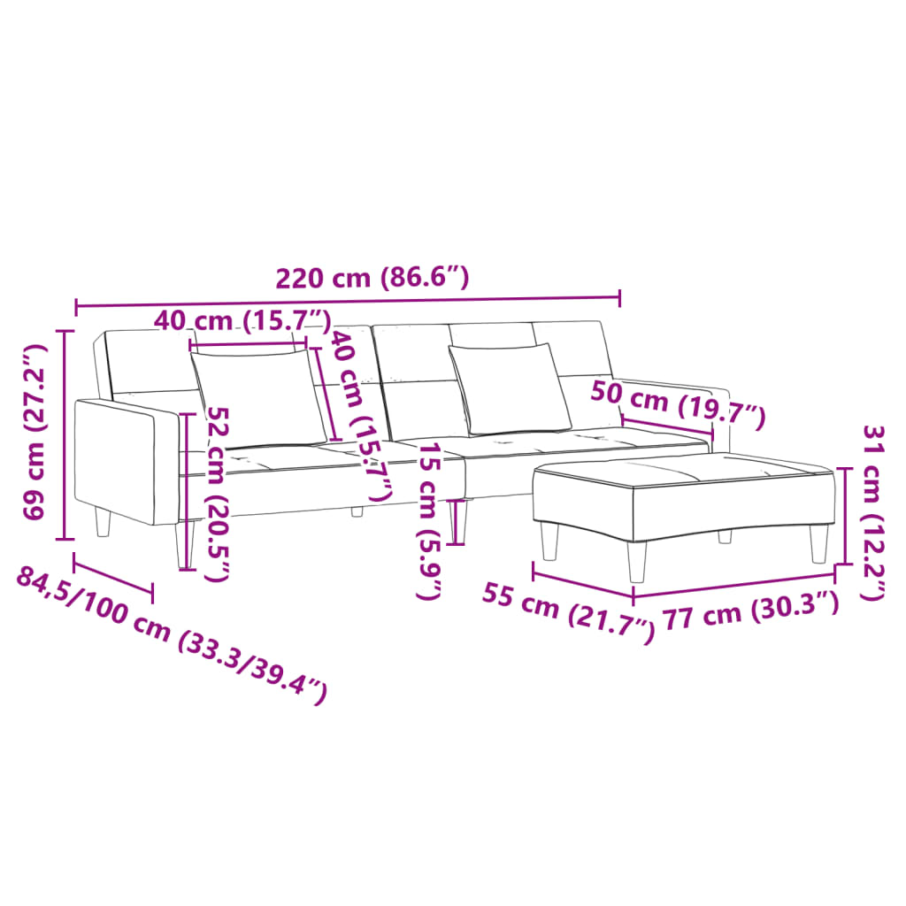 Καναπές Κρεβάτι Διθέσιος με Υποπόδιο Μαύρο Υφασμάτινος