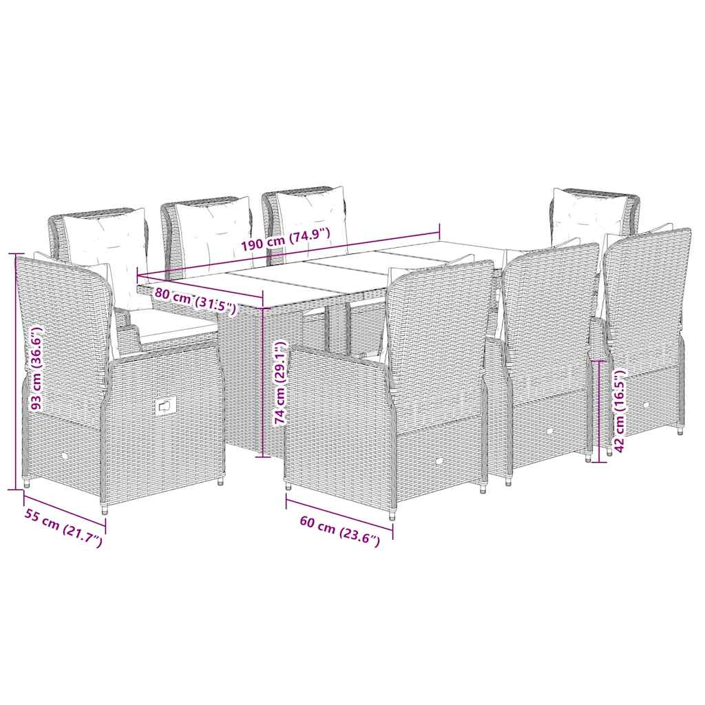 Σετ Τραπεζαρίας Κήπου 9 τεμ. Γκρι Συνθ. Ρατάν με Μαξιλάρια