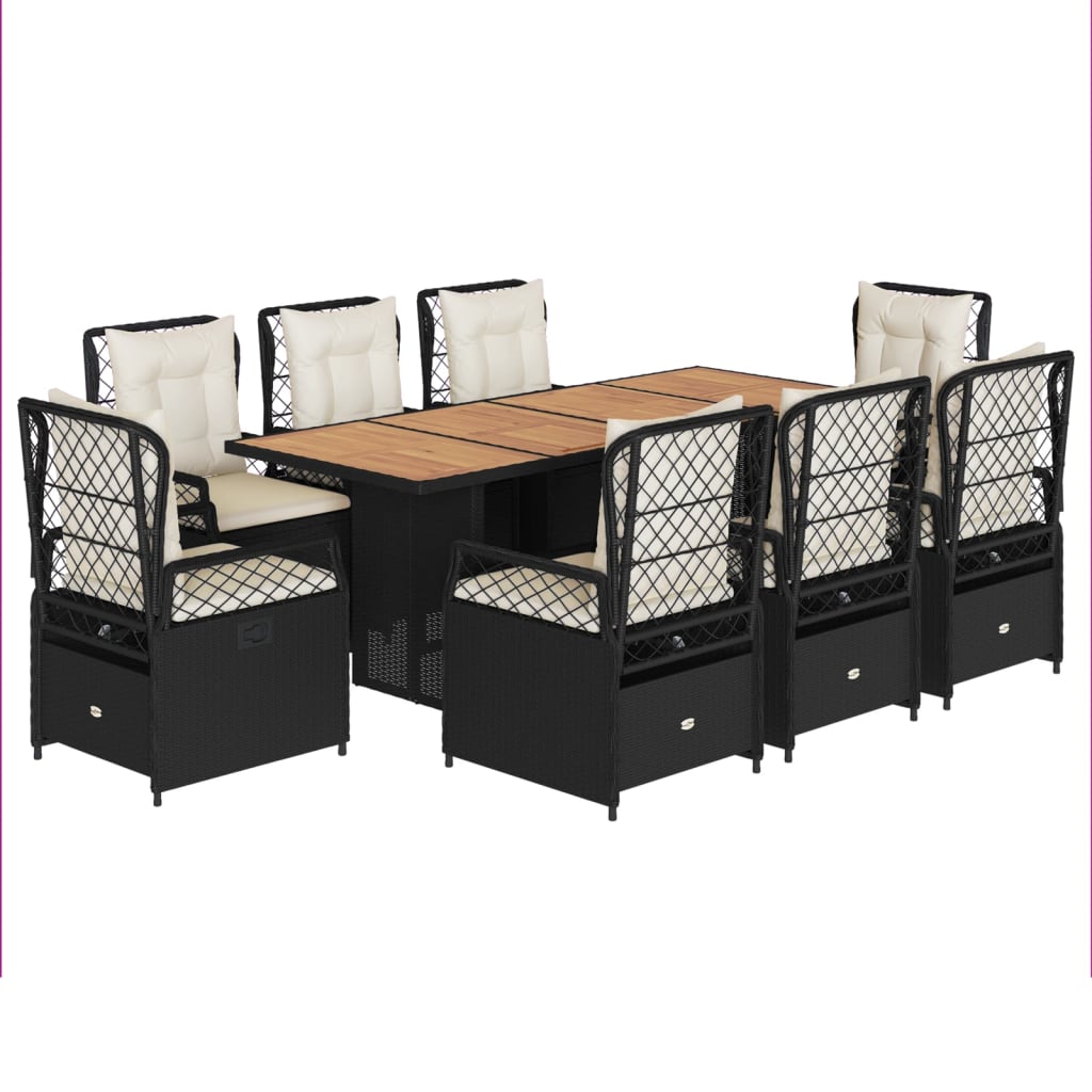 Σετ Τραπεζαρίας Κήπου 9 τεμ Μαύρο από Συνθ. Ρατάν με Μαξιλάρια