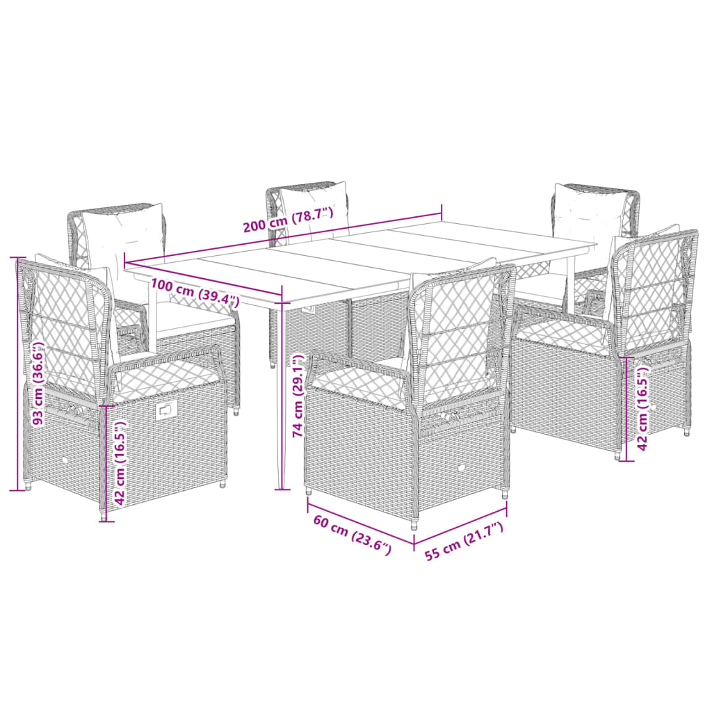 Σετ Τραπεζαρίας Κήπου 7 τεμ. Αν. Γκρι Συνθ. Ρατάν με Μαξιλάρια