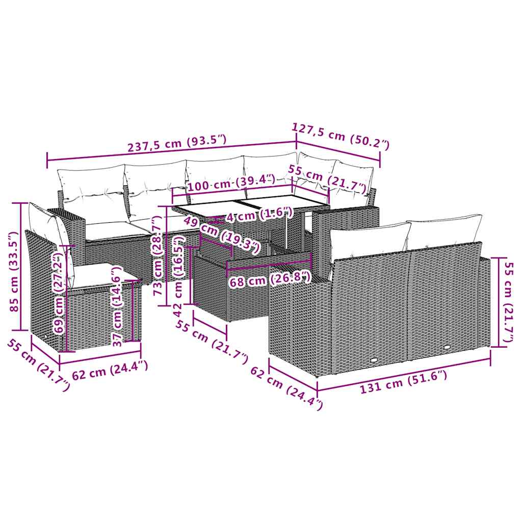 Σαλόνι Κήπου Σετ 9 τεμ. Μπεζ Συνθετικό Ρατάν με Μαξιλάρια