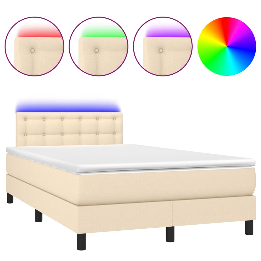 Κρεβάτι Boxspring με Στρώμα & LED Κρεμ 120x190 εκ. Υφασμάτινο