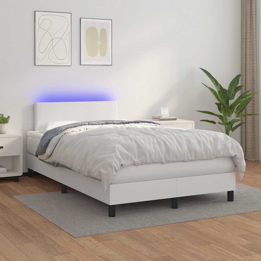 Κρεβάτι Boxspring με Στρώμα & LED Λευκό 120x190 εκ. Συνθ. Δέρμα