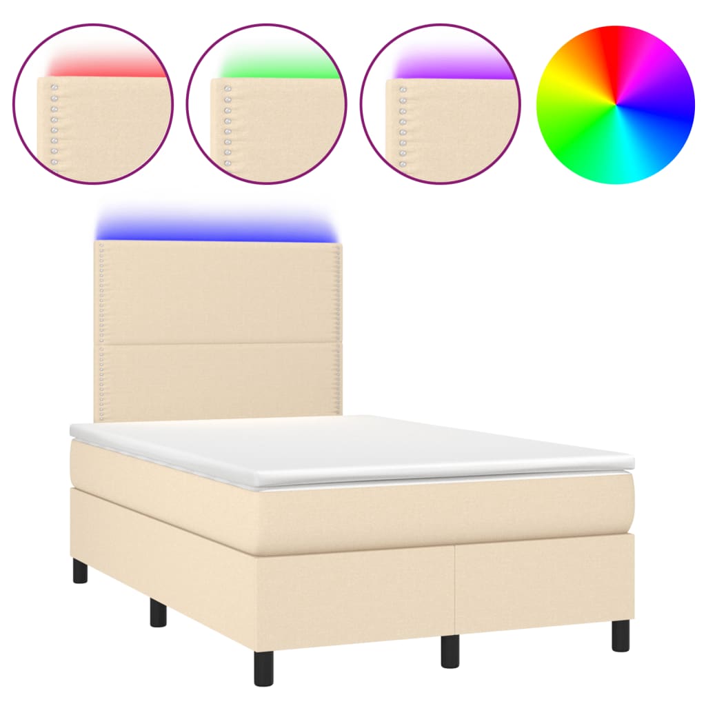 Κρεβάτι Boxspring με Στρώμα & LED Κρεμ 120x190 εκ. Υφασμάτινο