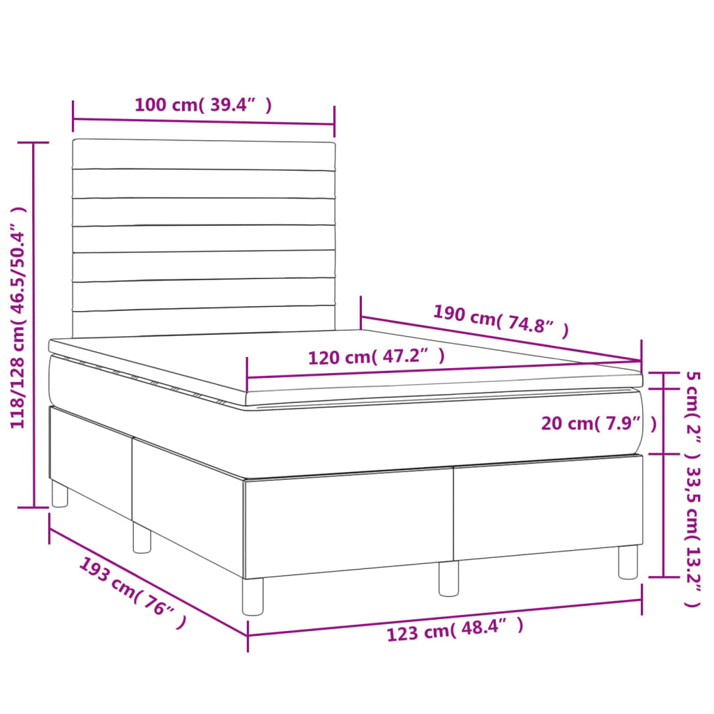 Κρεβάτι Boxspring με Στρώμα & LED Taupe 120x190 εκ. Υφασμάτινο - Pakobazaar