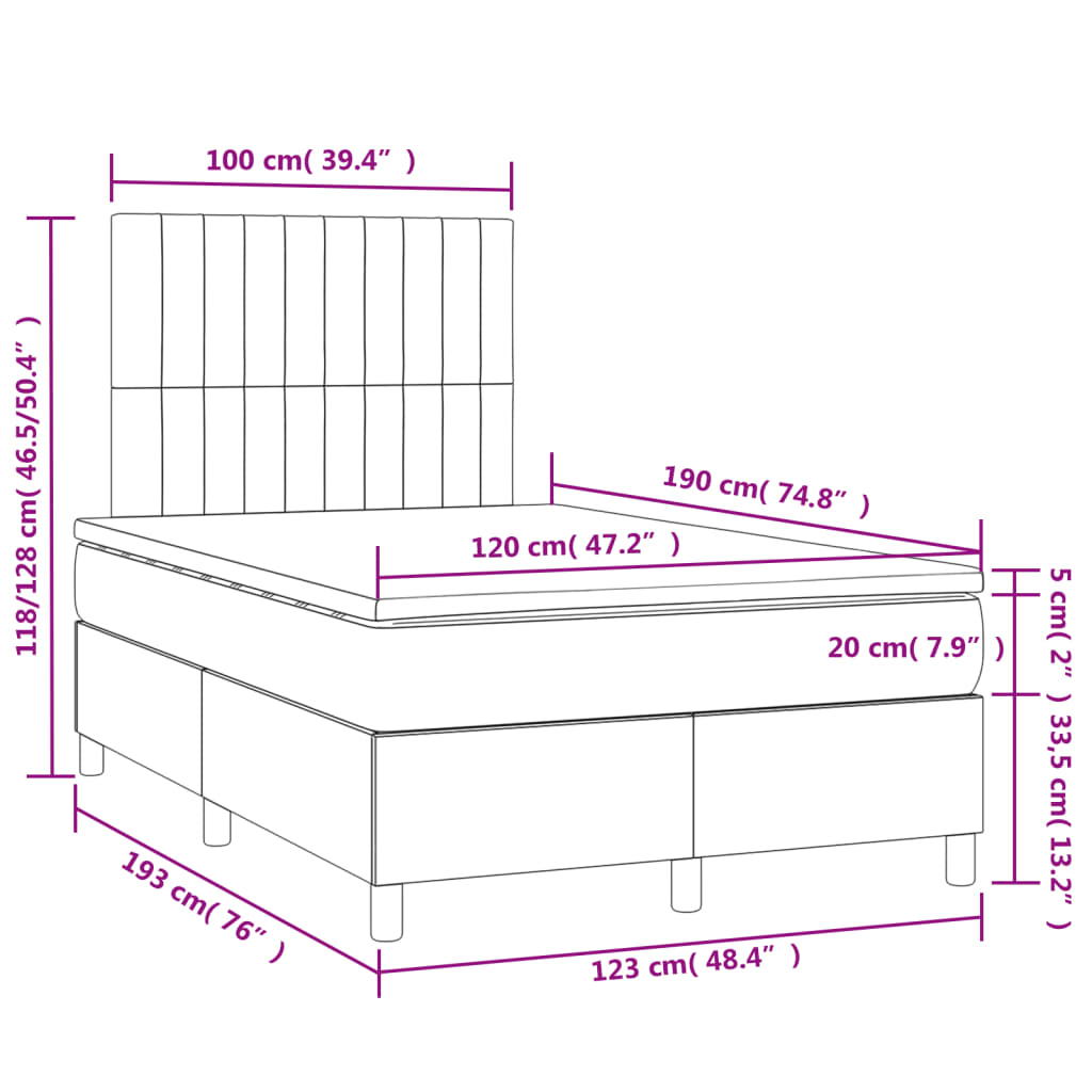 Κρεβάτι Boxspring με Στρώμα & LED Αν.Γκρι 120x190εκ. Υφασμάτινο