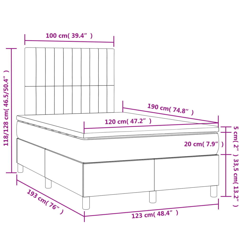 Κρεβάτι Boxspring με Στρώμα & LED Σκ.Γκρι 120x190εκ. Υφασμάτινο