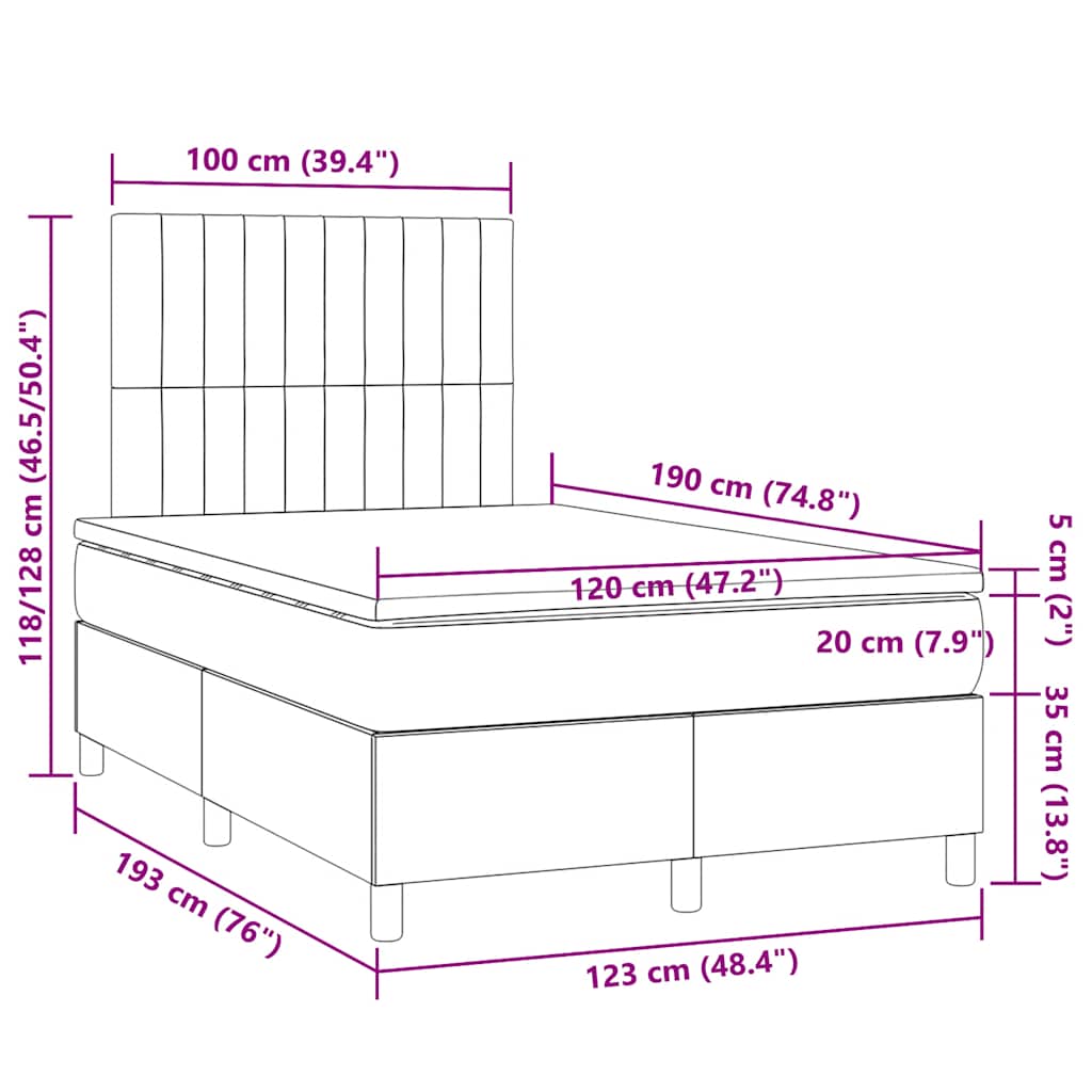 Κρεβάτι Boxspring με Στρώμα & LED Αν.Γκρι 120x190εκ. Υφασμάτινο