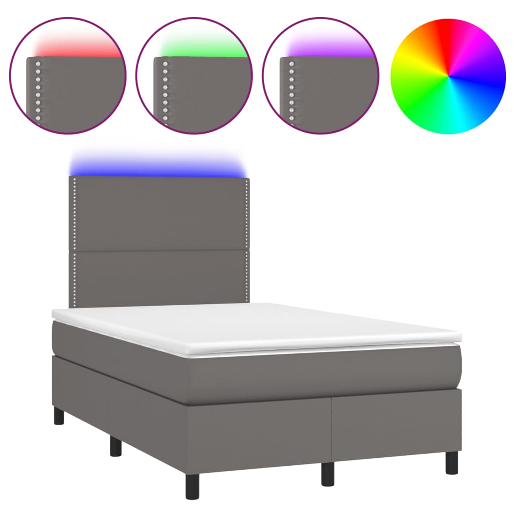 Κρεβάτι Boxspring με Στρώμα & LED Γκρι 120x190 εκ. Συνθ. Δέρμα