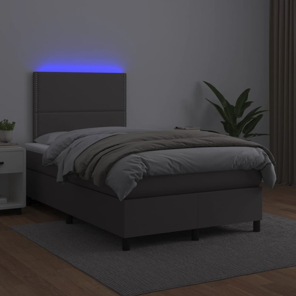 Κρεβάτι Boxspring με Στρώμα & LED Γκρι 120x190 εκ. Συνθ. Δέρμα