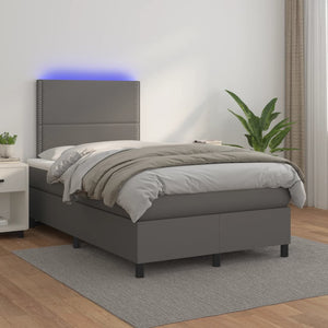 Κρεβάτι Boxspring με Στρώμα & LED Γκρι 120x190 εκ. Συνθ. Δέρμα