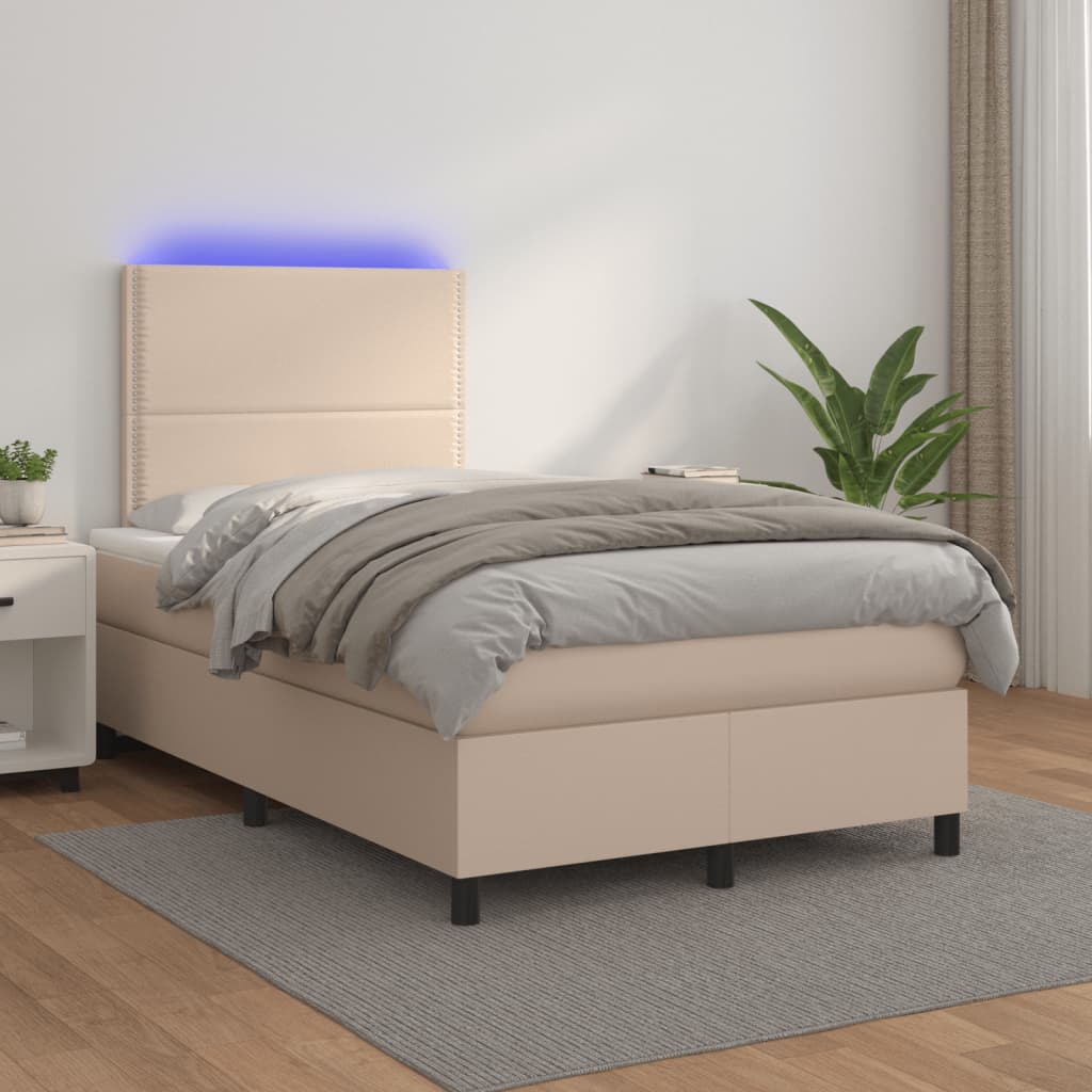 Κρεβάτι Boxspring Στρώμα&LED Καπουτσίνο 120x190 εκ. Συνθ. Δέρμα - Pakobazaar