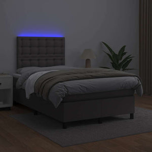 Κρεβάτι Boxspring με Στρώμα & LED Γκρι 120x190 εκ. Συνθ. Δέρμα