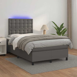 Κρεβάτι Boxspring με Στρώμα & LED Γκρι 120x190 εκ. Συνθ. Δέρμα