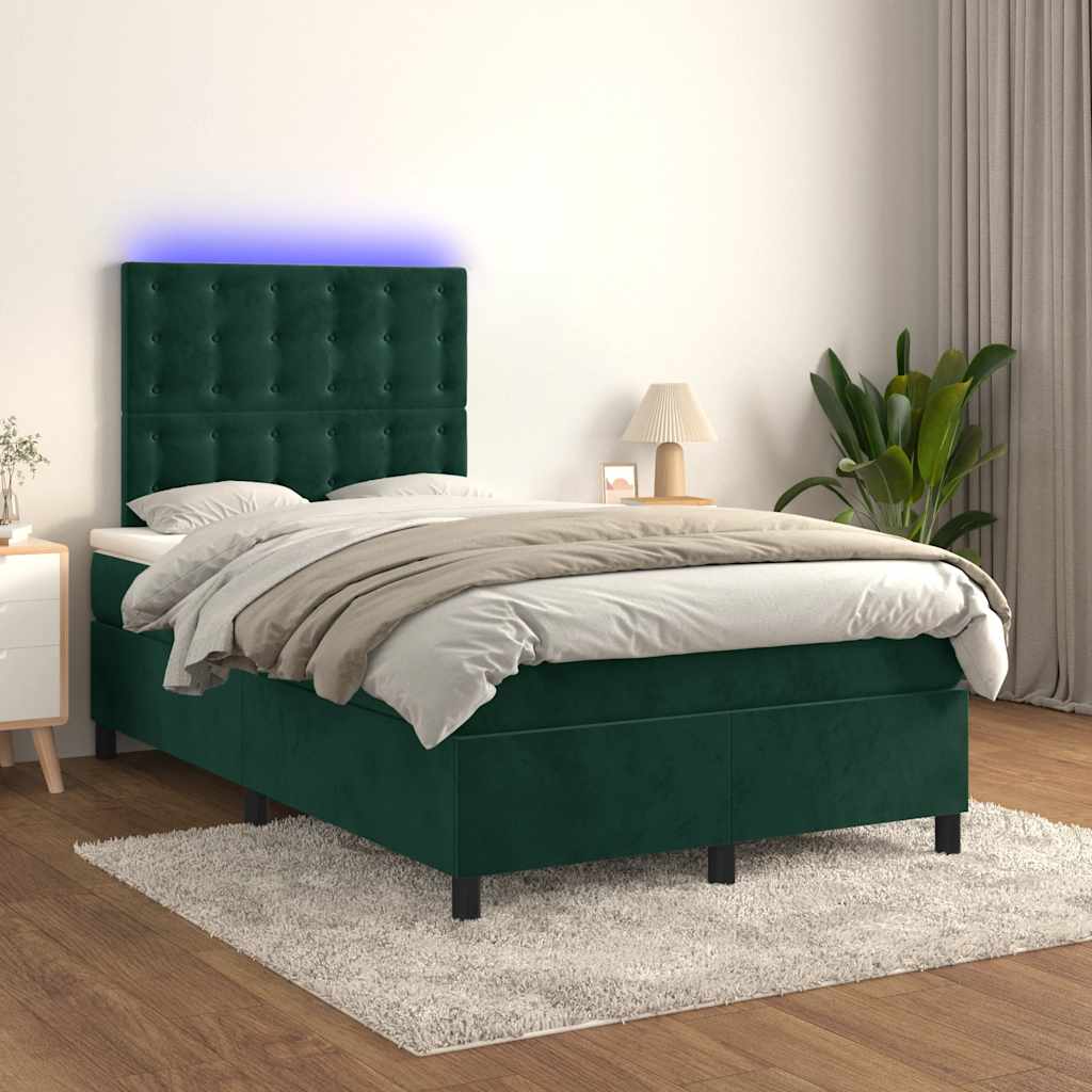 Κρεβάτι Boxspring με Στρώμα & LED Σκ. Πράσινο 120x190εκ Βελούδο