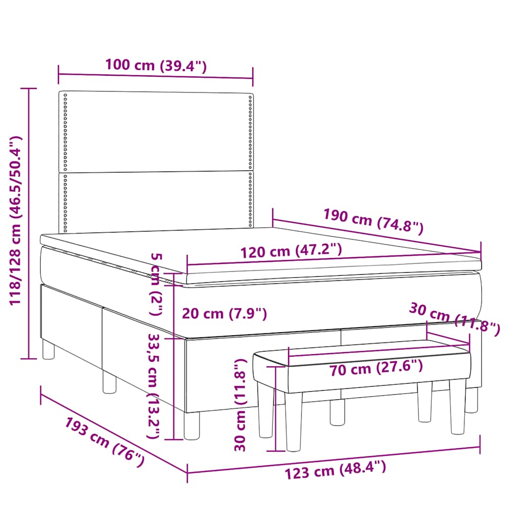 Κρεβάτι Boxspring με Στρώμα Σκούρο Γκρι 120x190 εκ Υφασμάτινο