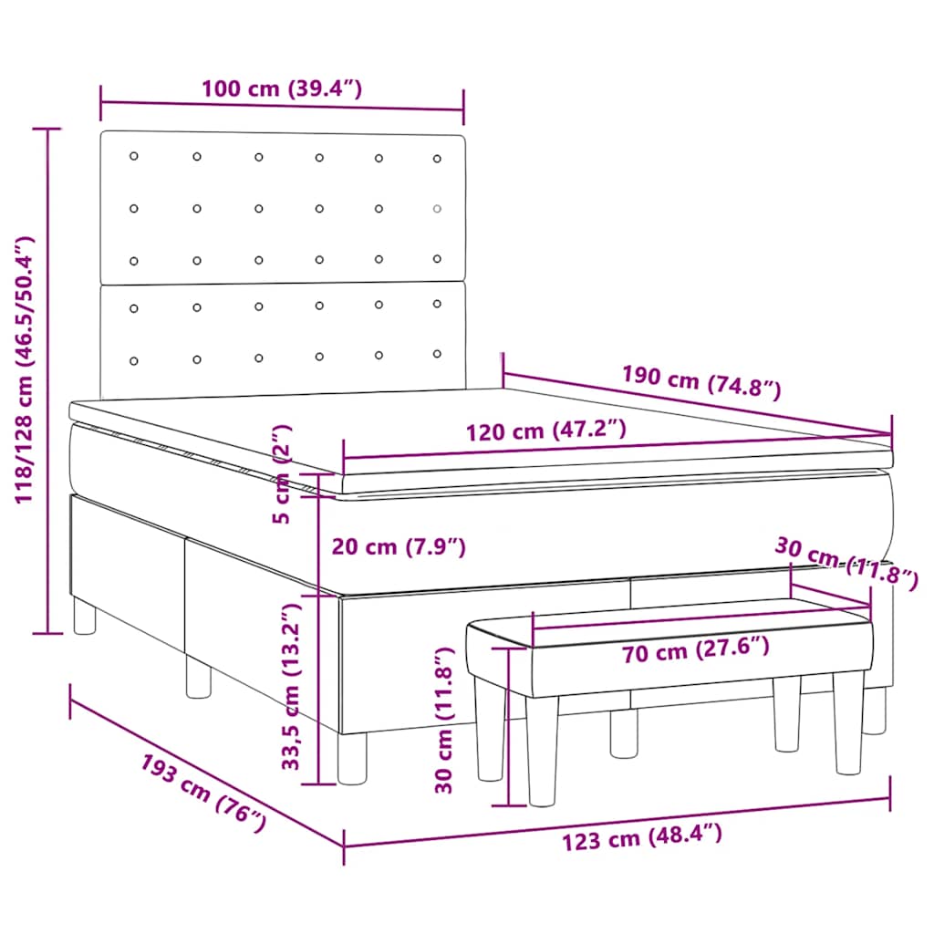 Κρεβάτι Boxspring με Στρώμα Σκούρο Γκρι 120x190 εκ Υφασμάτινο