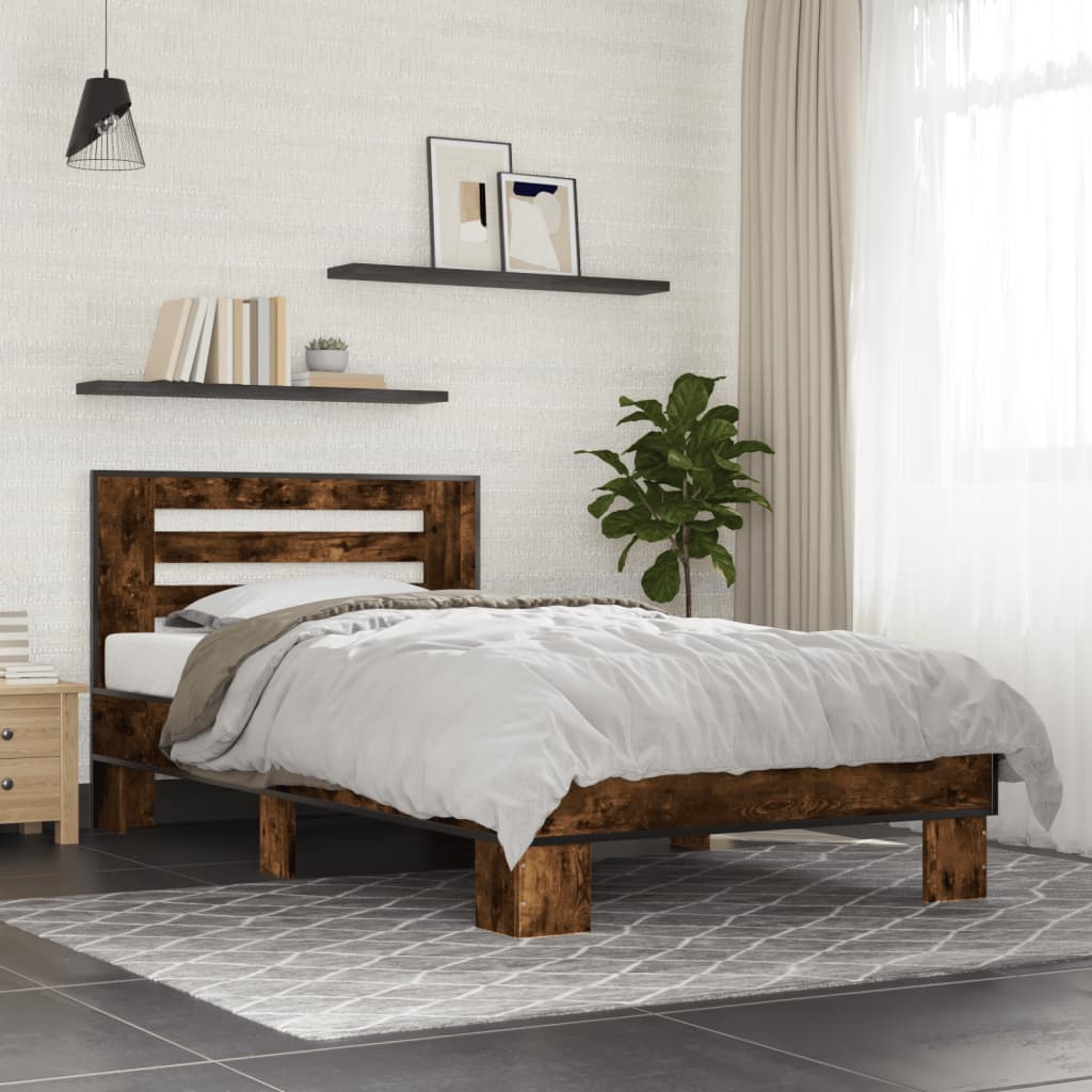 Πλαίσιο Κρεβατιού Καπνιστή Δρυς 90x200 εκ. Επεξ. Ξύλο & Μέταλλο - Pakobazaar