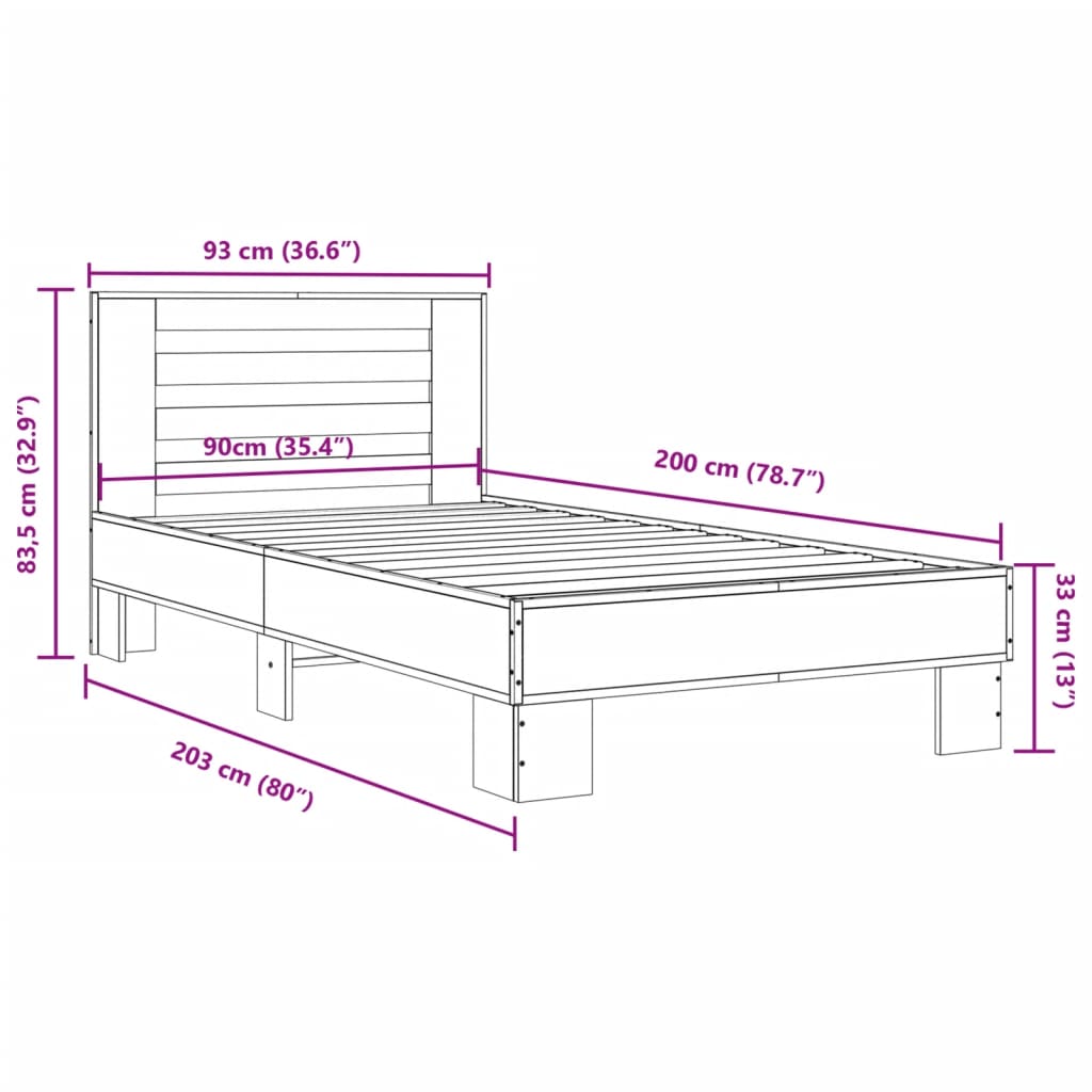 Πλαίσιο Κρεβατιού Γκρι Sonoma 90x200 εκ. Επεξ. Ξύλο & Μέταλλο