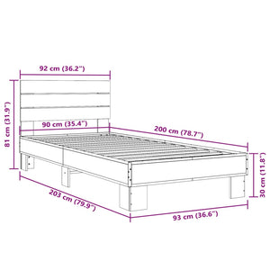 Πλαίσιο Κρεβατιού Γκρι Sonoma 90x200 εκ. Επεξ. Ξύλο & Μέταλλο