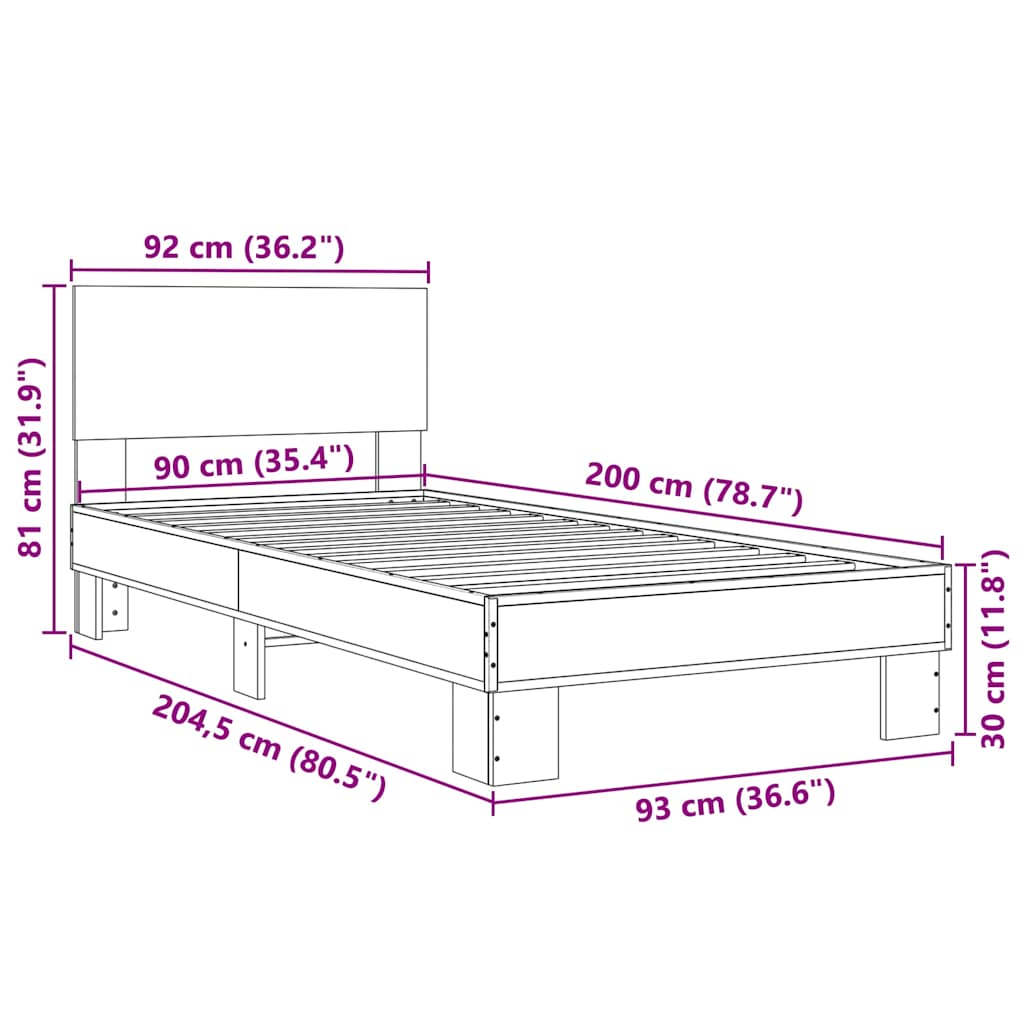 Πλαίσιο Κρεβατιού Γκρι Sonoma 90x200 εκ. Επεξ. Ξύλο & Μέταλλο