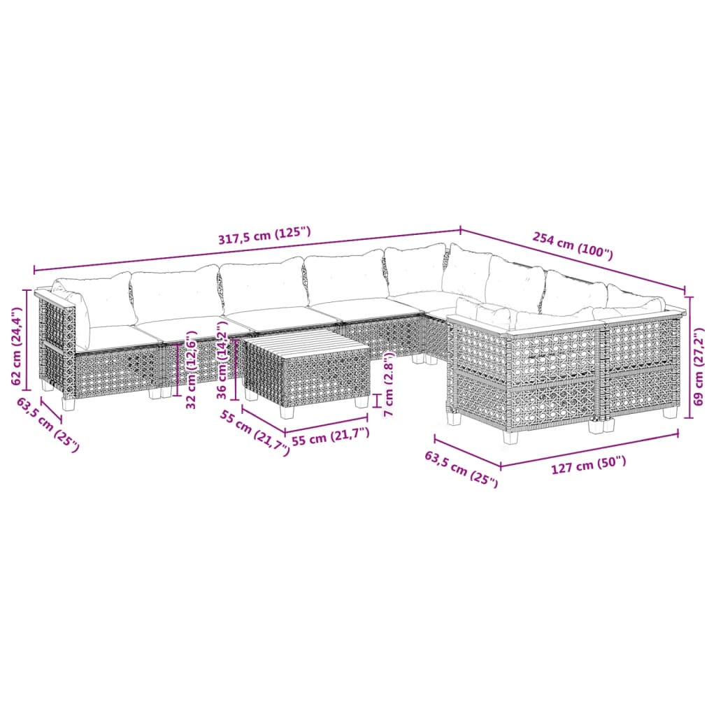 Σαλόνι Κήπου Σετ 10 Τεμαχίων Μαύρο Συνθετικό Ρατάν με Μαξιλάρια
