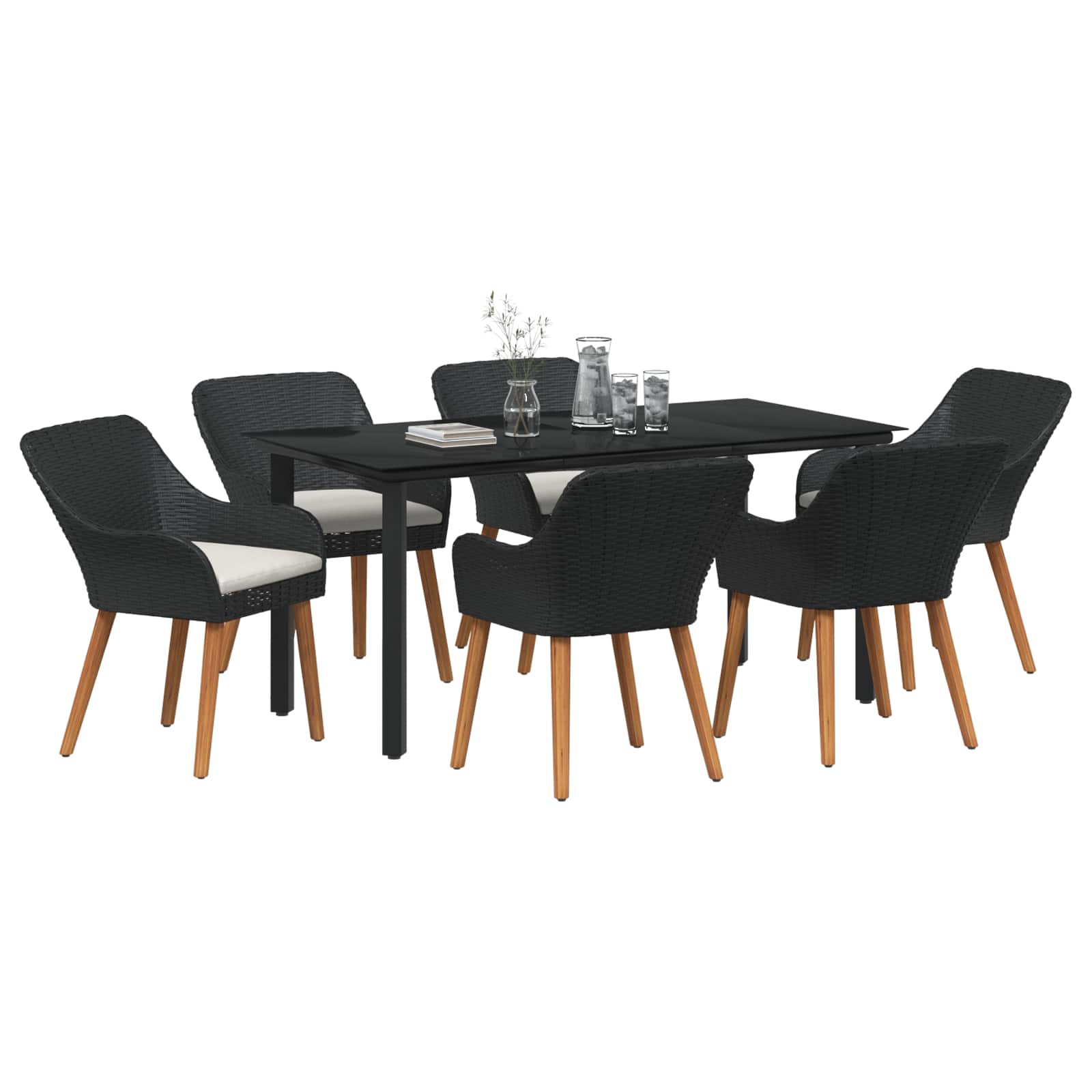Σέτ φαγητού για κήπο με μαξιλάρι 7 pcs Μαύρο συνθετικό ρατάν