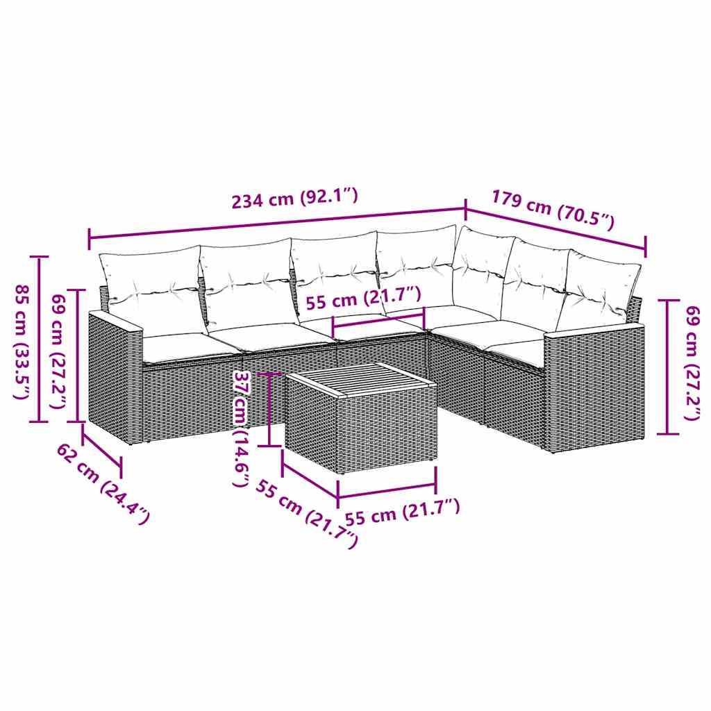 Καναπές Σετ 7 Τεμαχίων Μαύρο Συνθετικό Ρατάν με Μαξιλάρια