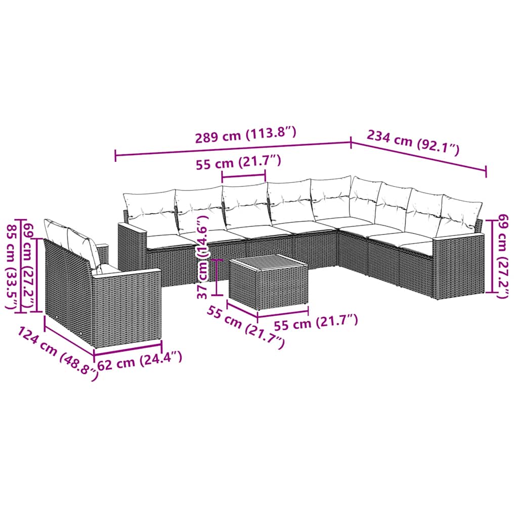 Σαλόνι Κήπου Σετ 11 Τεμαχίων Μαύρο Συνθετικό Ρατάν με Μαξιλάρια