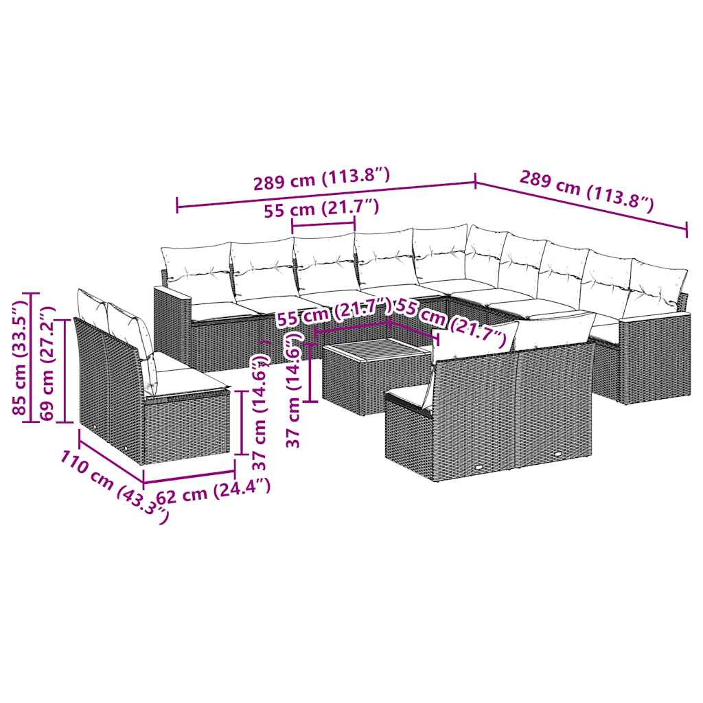 Σαλόνι Κήπου Σετ 14 Τεμαχίων με Μαξιλάρια Μαύρο Συνθετικό Ρατάν