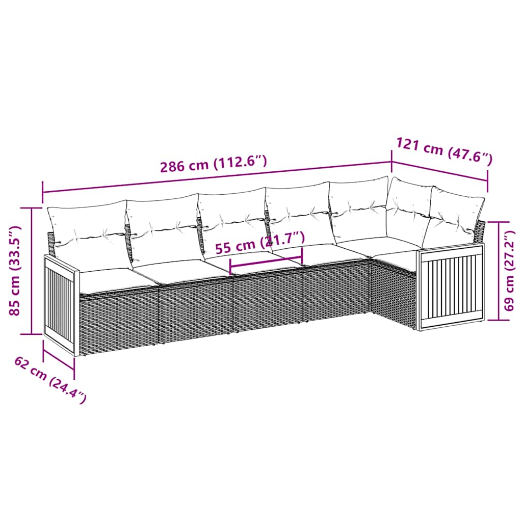 Καναπές Κήπου 6 Τεμαχίων Μαύρο από Συνθετικό Ρατάν με Μαξιλάρια