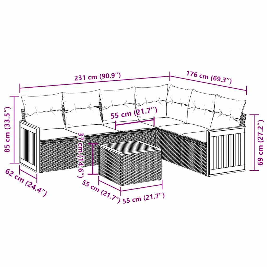 Καναπές Σετ 7 Τεμαχίων Μαύρο Συνθετικό Ρατάν με Μαξιλάρια