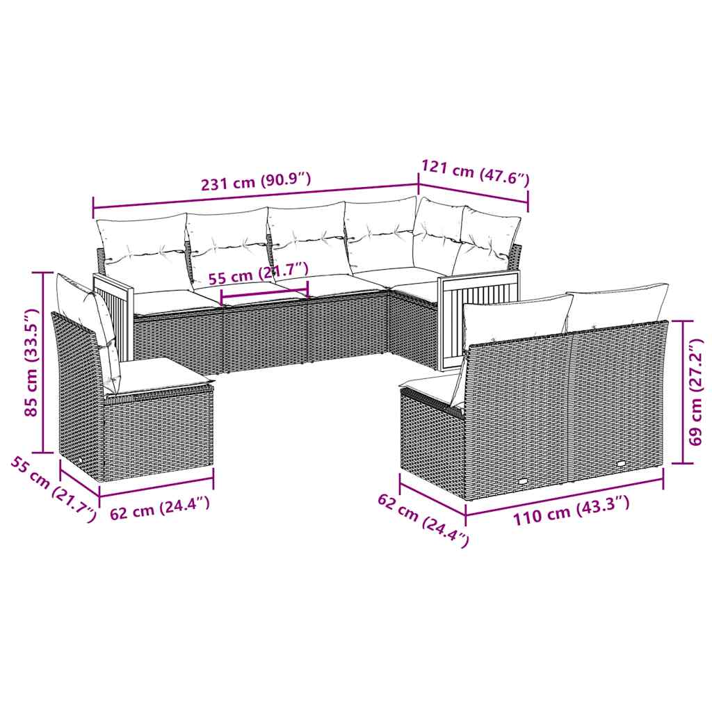 Σαλόνι Κήπου 8 Τεμαχίων Μαύρο από Συνθετικό Ρατάν με Μαξιλάρια