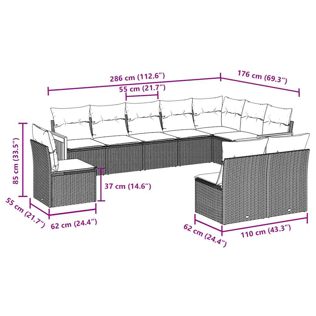 Σαλόνι Κήπου Σετ 10 Τεμαχίων Μαύρο Συνθετικό Ρατάν με Μαξιλάρια