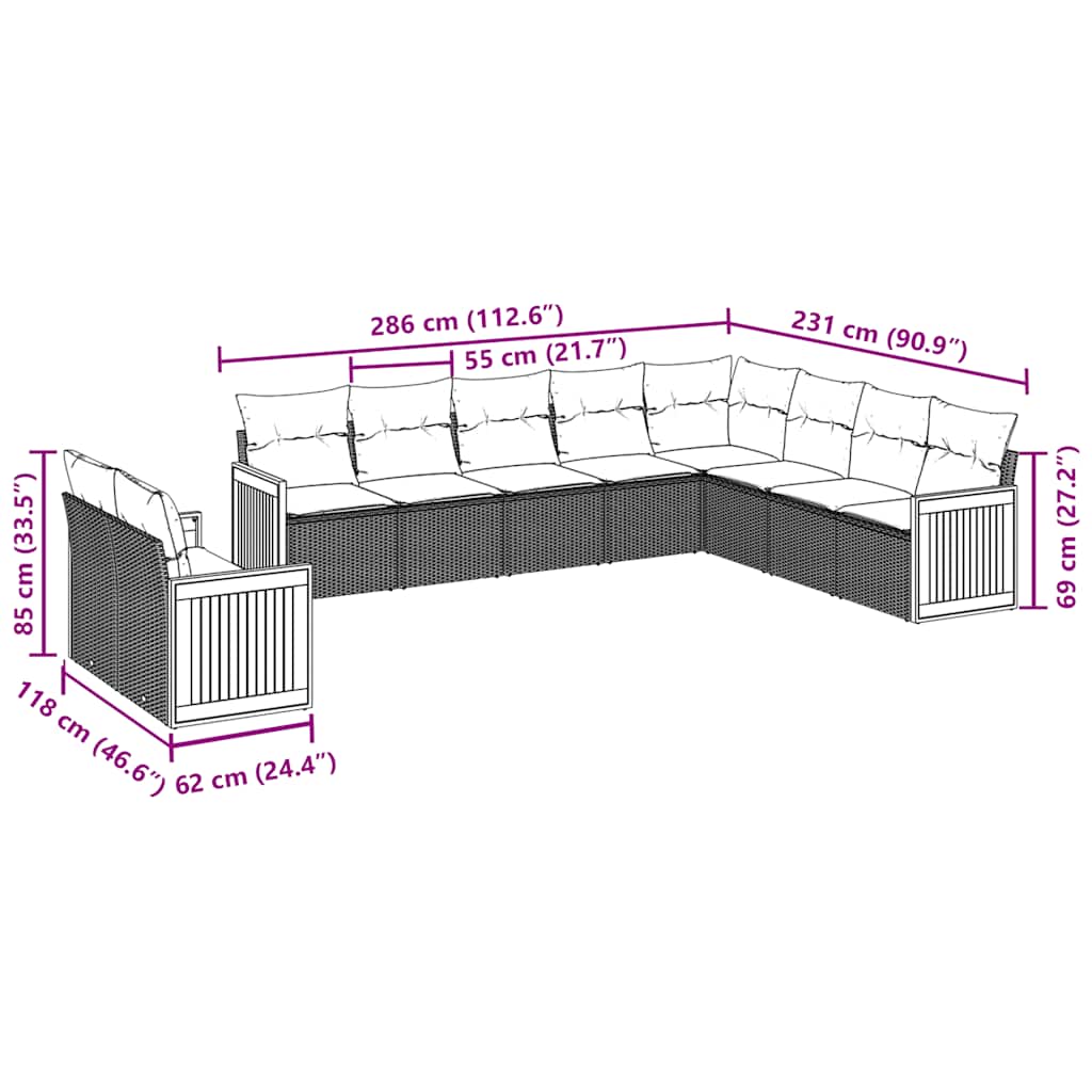 Σαλόνι Κήπου Σετ 10 Τεμαχίων Μαύρο Συνθετικό Ρατάν με Μαξιλάρια