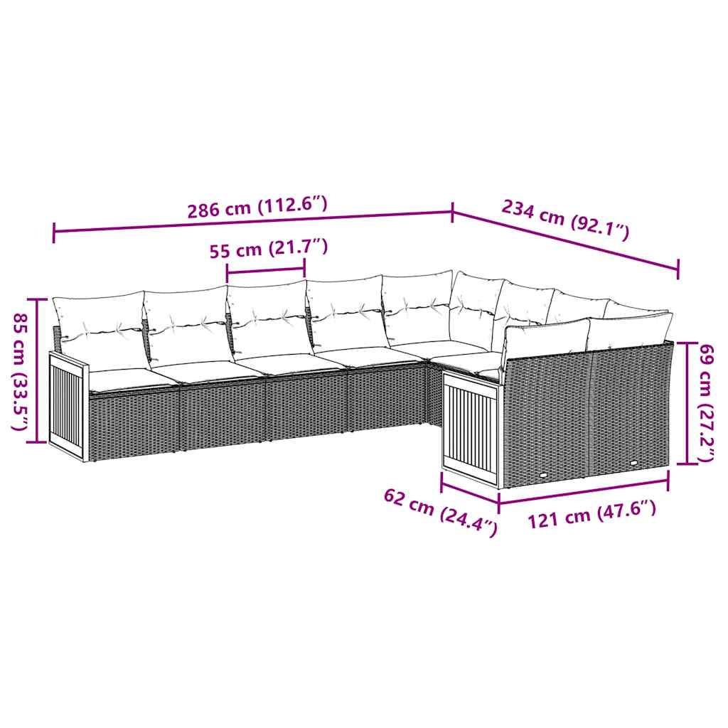 Σαλόνι Κήπου Σετ 9 Τεμαχίων Μαύρο από Συνθ. Ρατάν με Μαξιλάρια