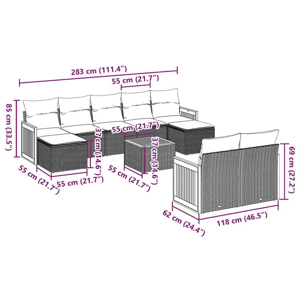 Σαλόνι Κήπου Σετ 10 Τεμαχίων Μαύρο Συνθετικό Ρατάν με Μαξιλάρια