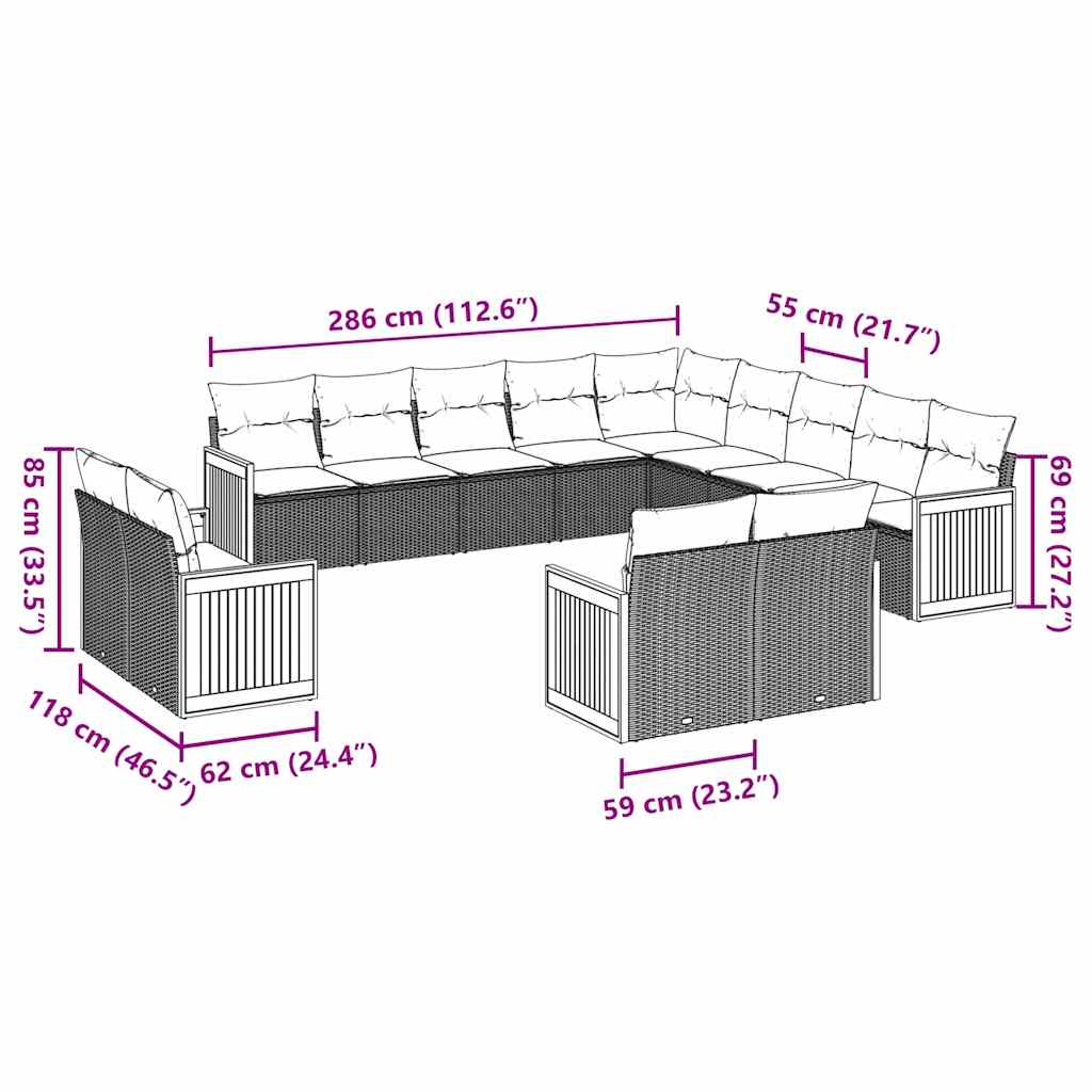 Σαλόνι Κήπου 13 τεμ. Μαύρο από Συνθ. Ρατάν με Μαξιλάρια