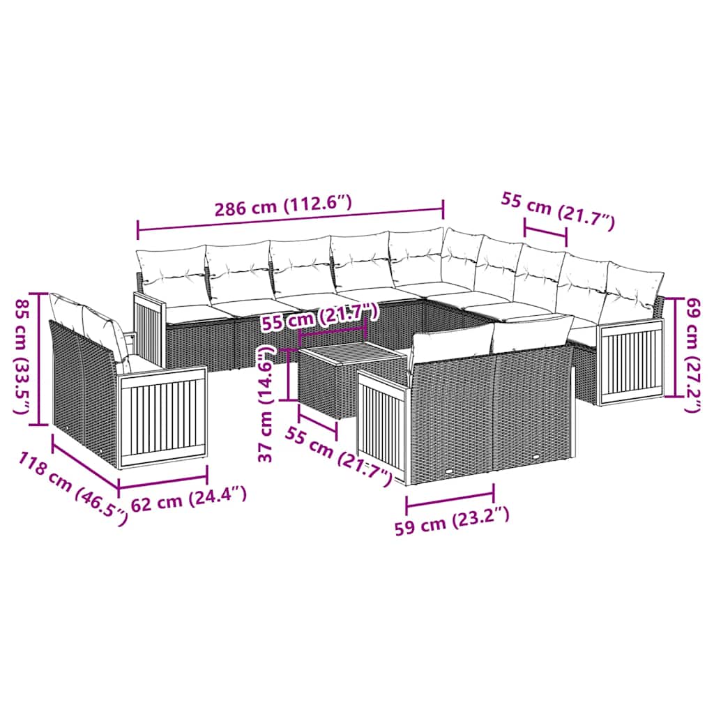 Σαλόνι Κήπου Σετ 14 Τεμαχίων με Μαξιλάρια Μαύρο Συνθετικό Ρατάν