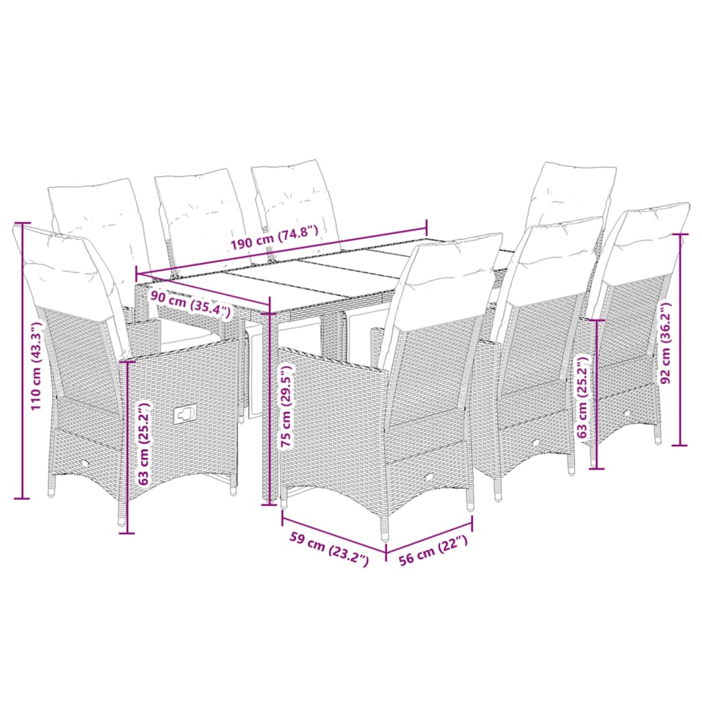 Σετ Επίπλων Bistro Κήπου 9 τεμ. Γκρι Συνθετ. Ρατάν με Μαξιλάρια