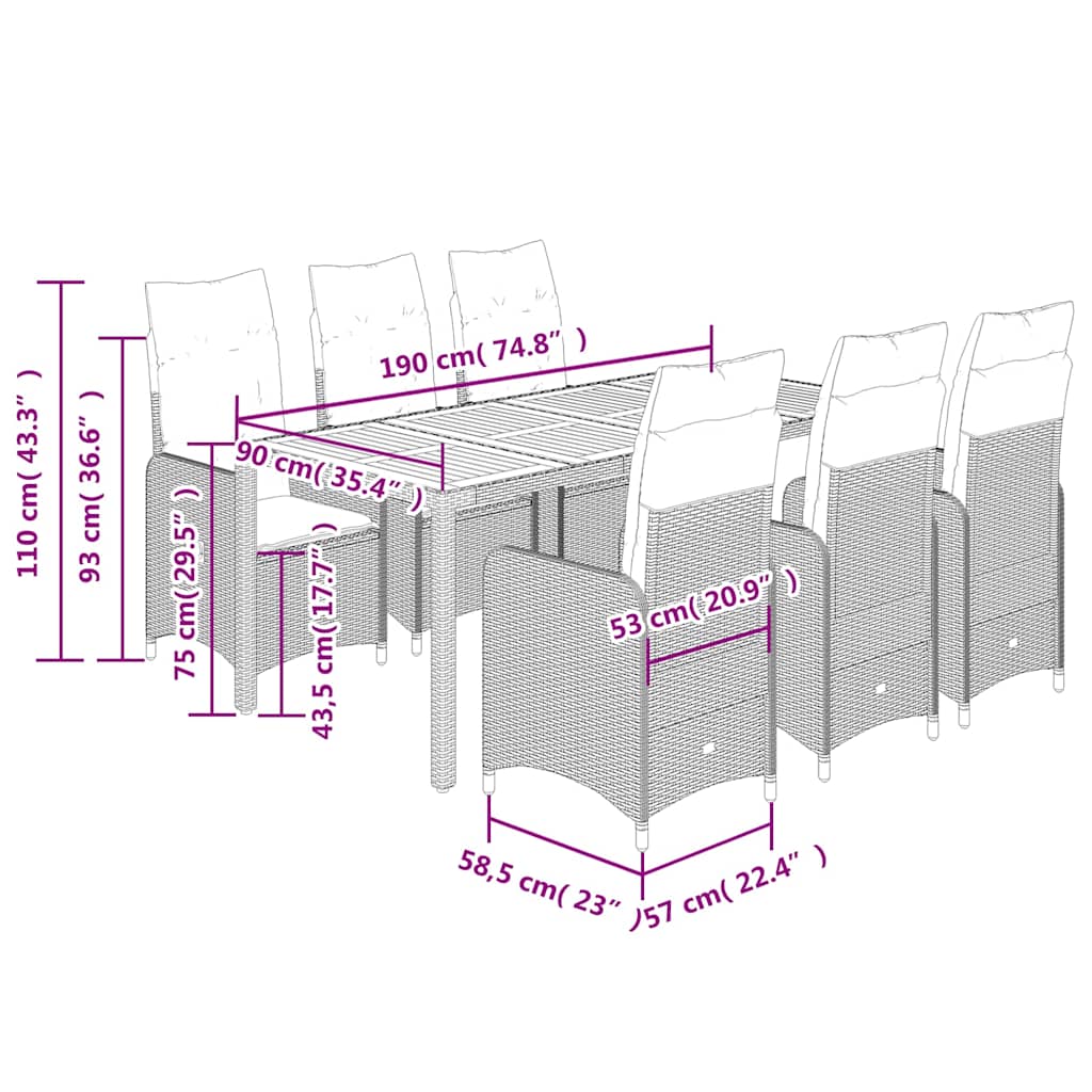 Σετ Επίπλων Bistro Κήπου 9 τεμ. Γκρι Συνθετ. Ρατάν με Μαξιλάρια