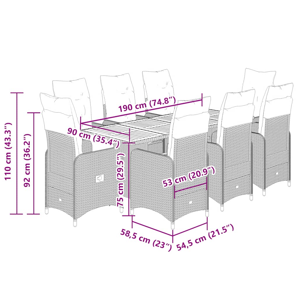 Σετ Επίπλων Bistro Κήπου 9 τεμ. Γκρι Συνθετ. Ρατάν με Μαξιλάρια