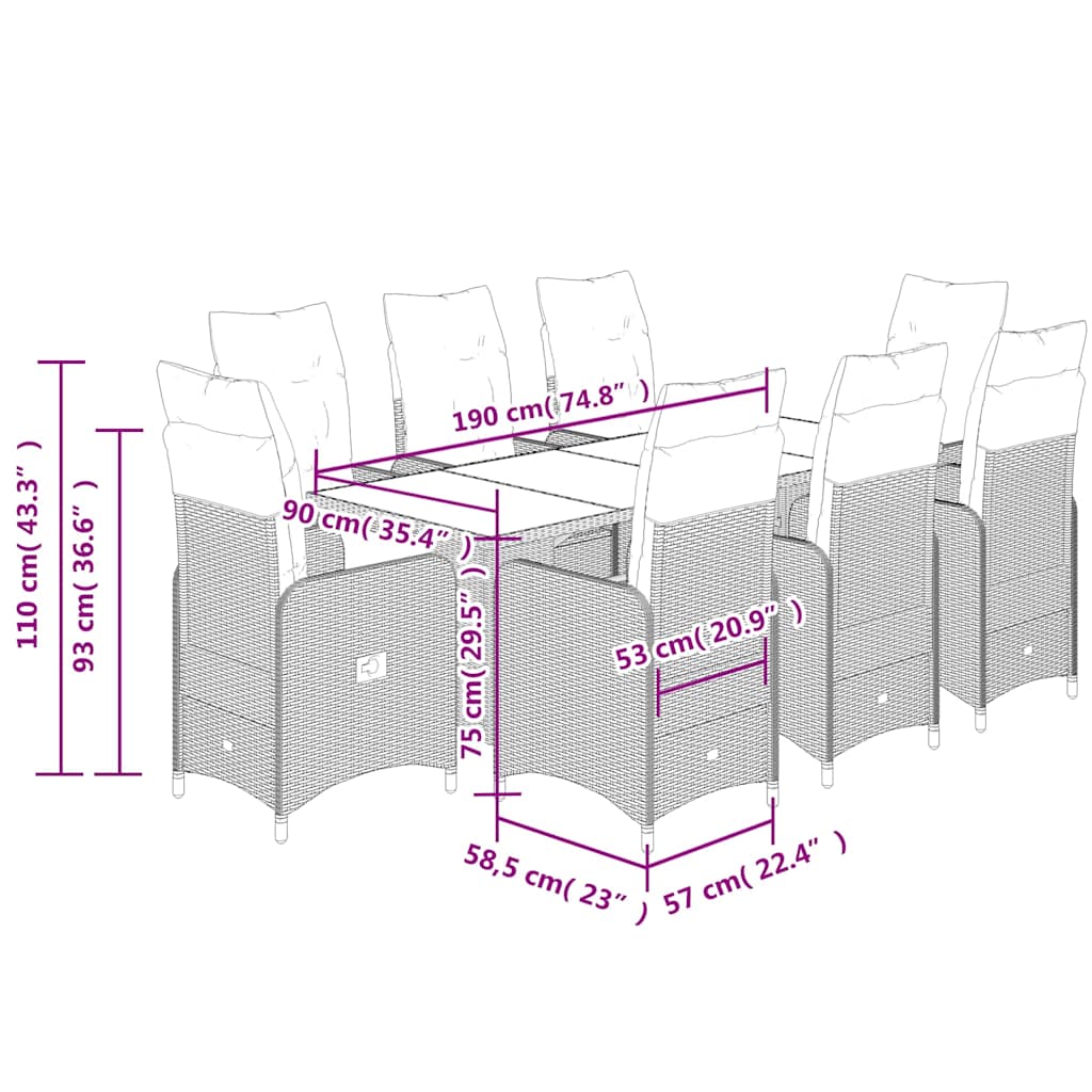 Σετ Επίπλων Μπιστρό Κήπου 9 τεμ. Καφέ Συνθ. Ρατάν με Μαξιλάρια