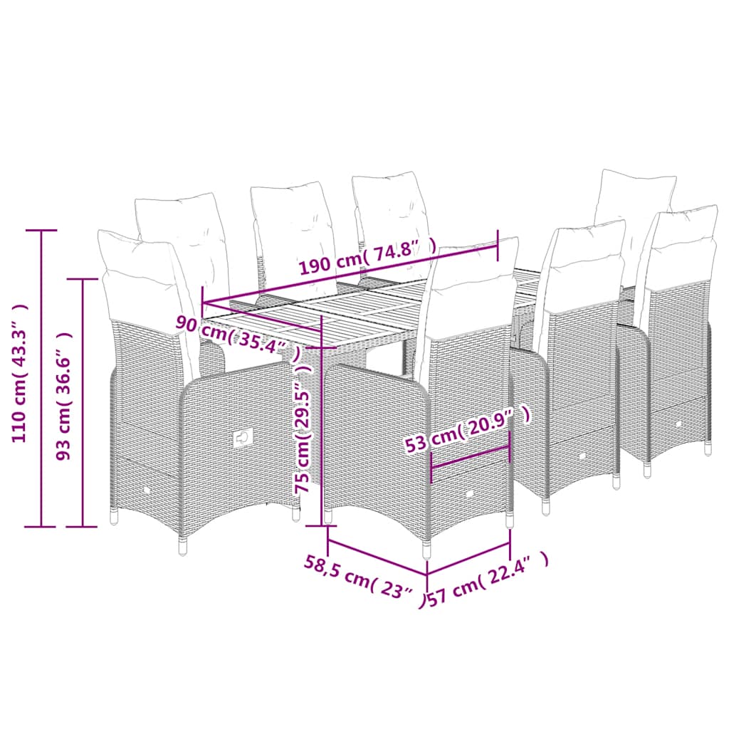 Σετ Επίπλων Bistro Κήπου 9 τεμ Μαύρο Συνθετ. Ρατάν με Μαξιλάρια