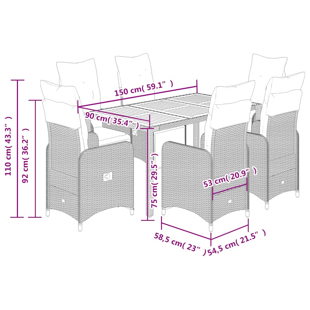 Σετ Επίπλων Bistro Κήπου 7 τεμ. Γκρι Συνθετ. Ρατάν με Μαξιλάρια